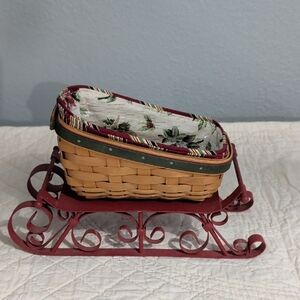 Longaberger 2007 Holiday Helper Basket, Liner Protector With Red Sled